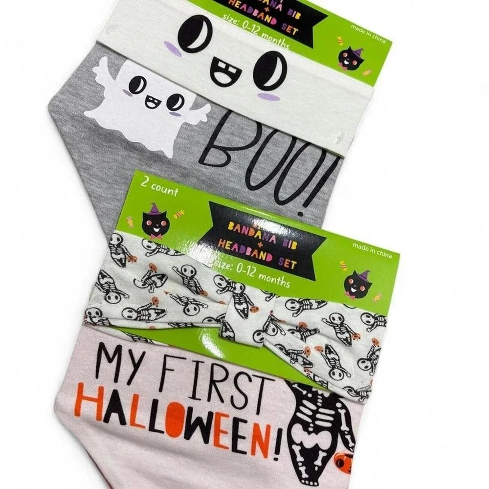 NWT Halloween Bandana Bib + Headband Set Gertex Baby Bundle 2 Sets size 0-12M